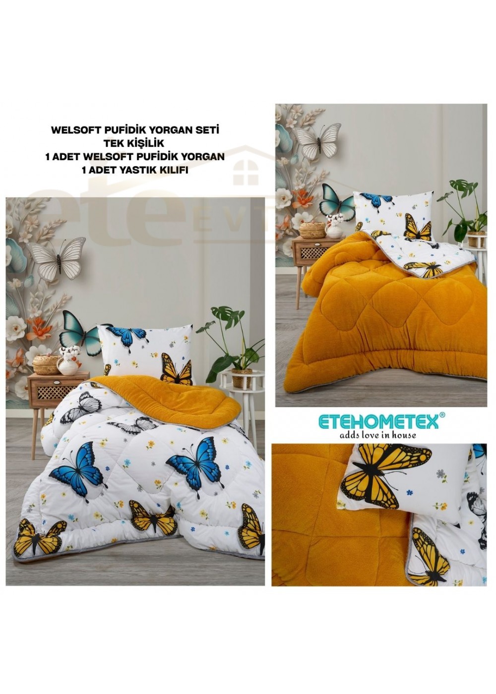 ETE HOMETEX TEK KİŞİLİK LÜX WELSOFT YORGAN SETİ KELEBEK HARDAL155X215CM 8696474232008